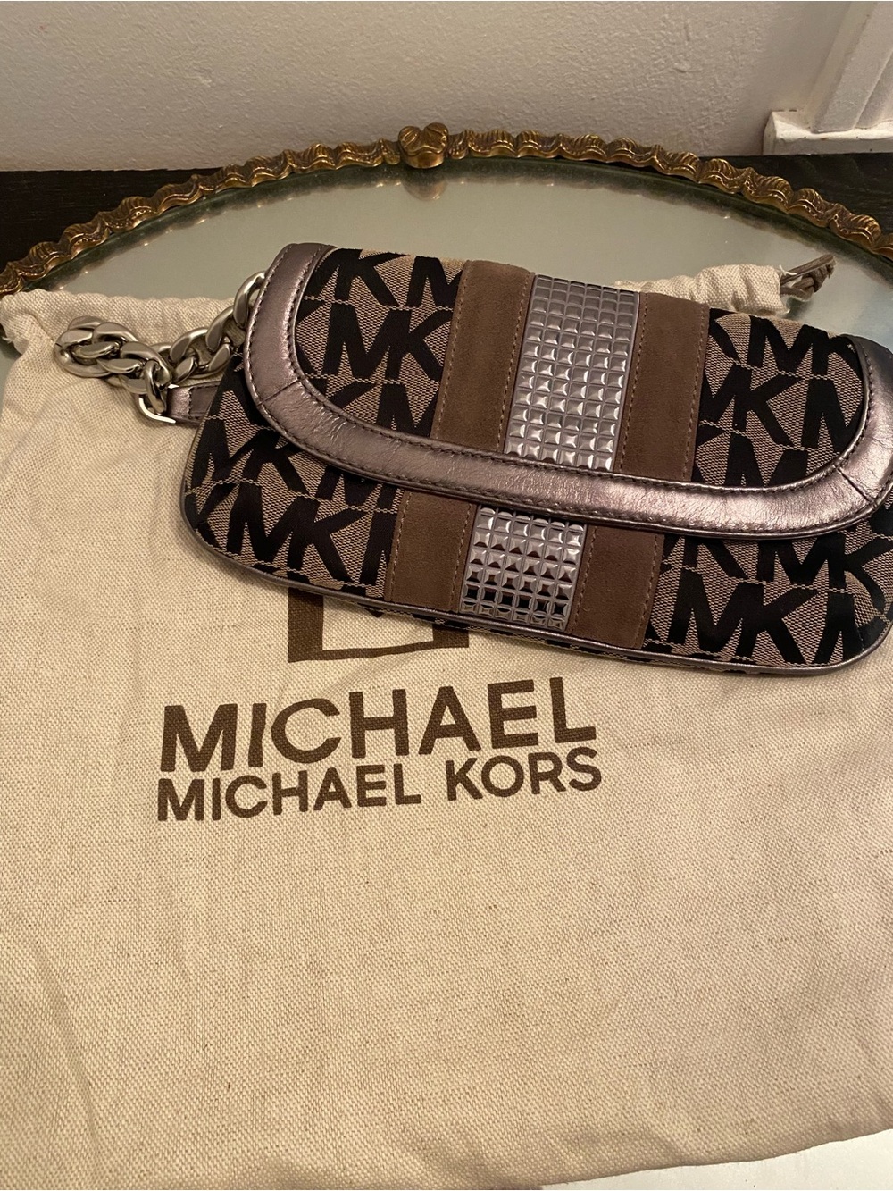 Michael Kors Brown & Black Logo Wristlet with Metallic Trim